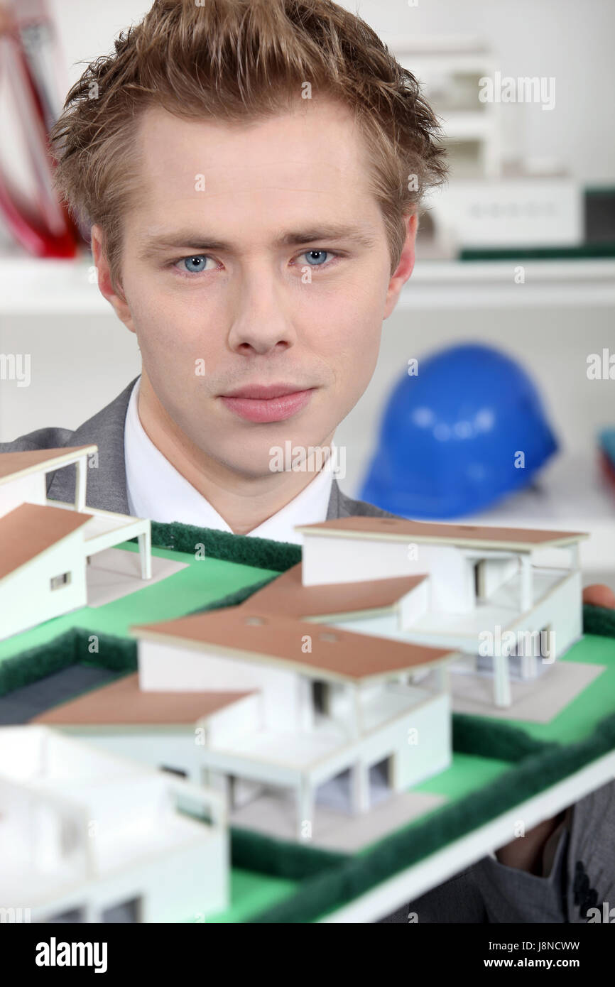 angelic, architect, ambitious, blond, backdrop, background, house, building, Stock Photo