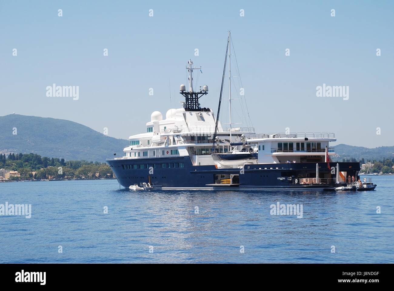 Luxury super yacht Le Grand Bleu moored at Kerkira harbour on the Greek island of Corfu on June 23, 2014. Stock Photo