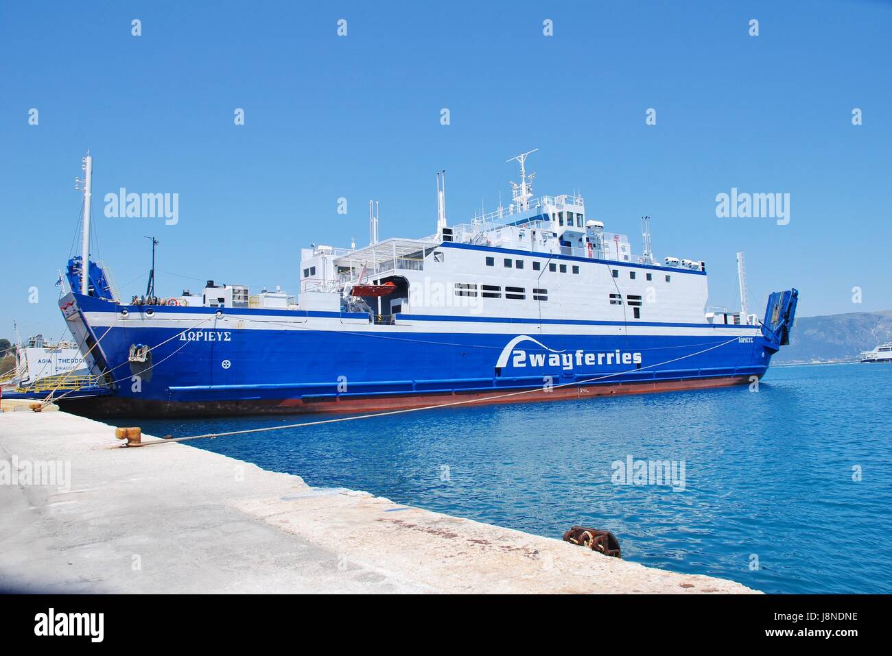 2 Way Ferries ferry boat Dorieus moored at Kerkira harbour on the Greek island of Corfu on June 23, 2014. The 95mtr vessel was built in 1989 in the UK Stock Photo