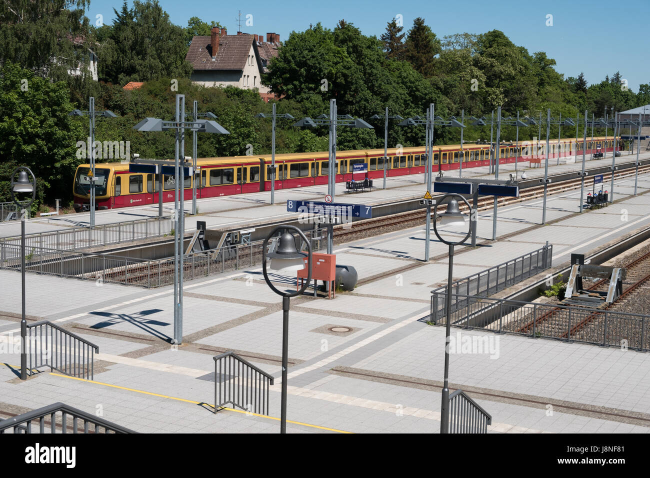 Berlin, Germany - may 27, 2017: S-Bahn train at terminal train station Olympiastadion  (Olympic Stadium) in Berlin, Germany. Stock Photo