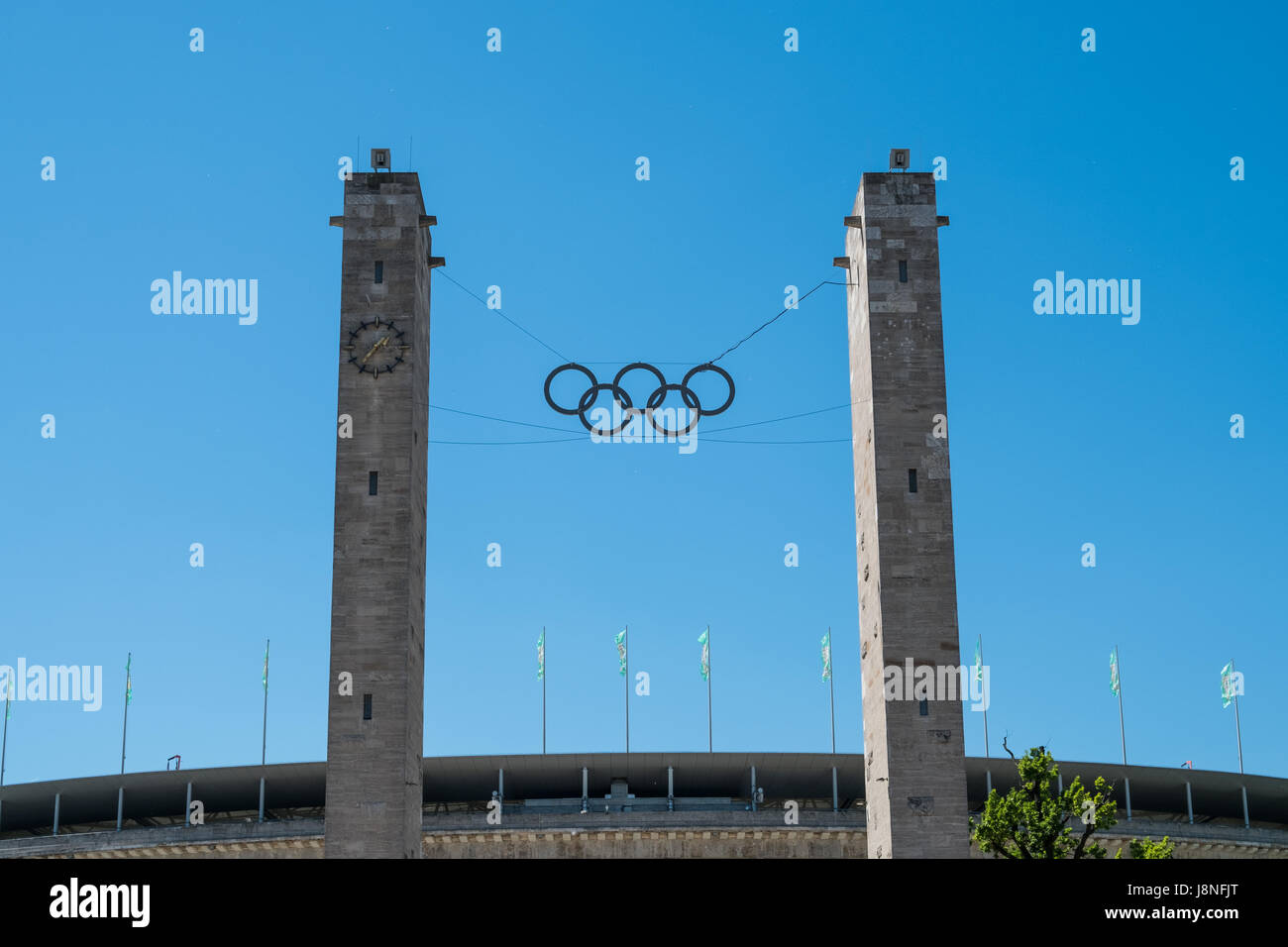 Berlin, Germany - may 27, 2017: The Olympic Rings at Olympiastadion (Olympic Stadium) in Berlin, Germany Stock Photo