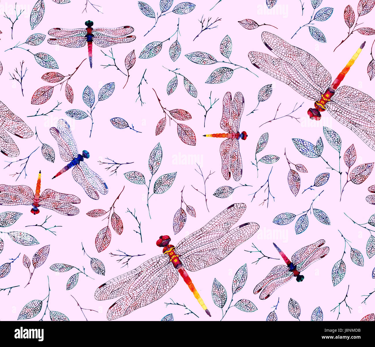 Vintage-inspired oriental pink seamless background with dragonflies and ...