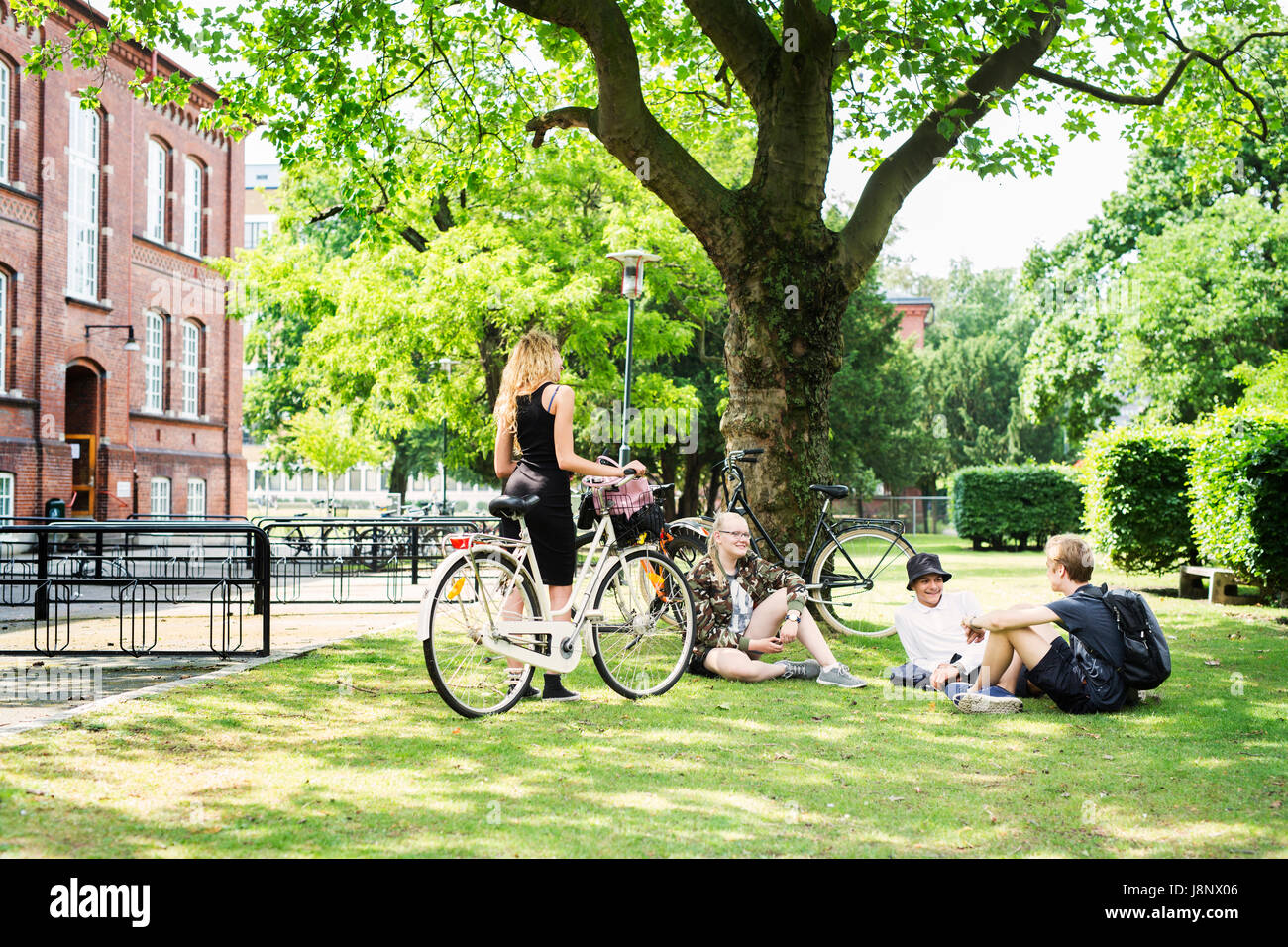 Students (14-15) sitting on grass Stock Photo