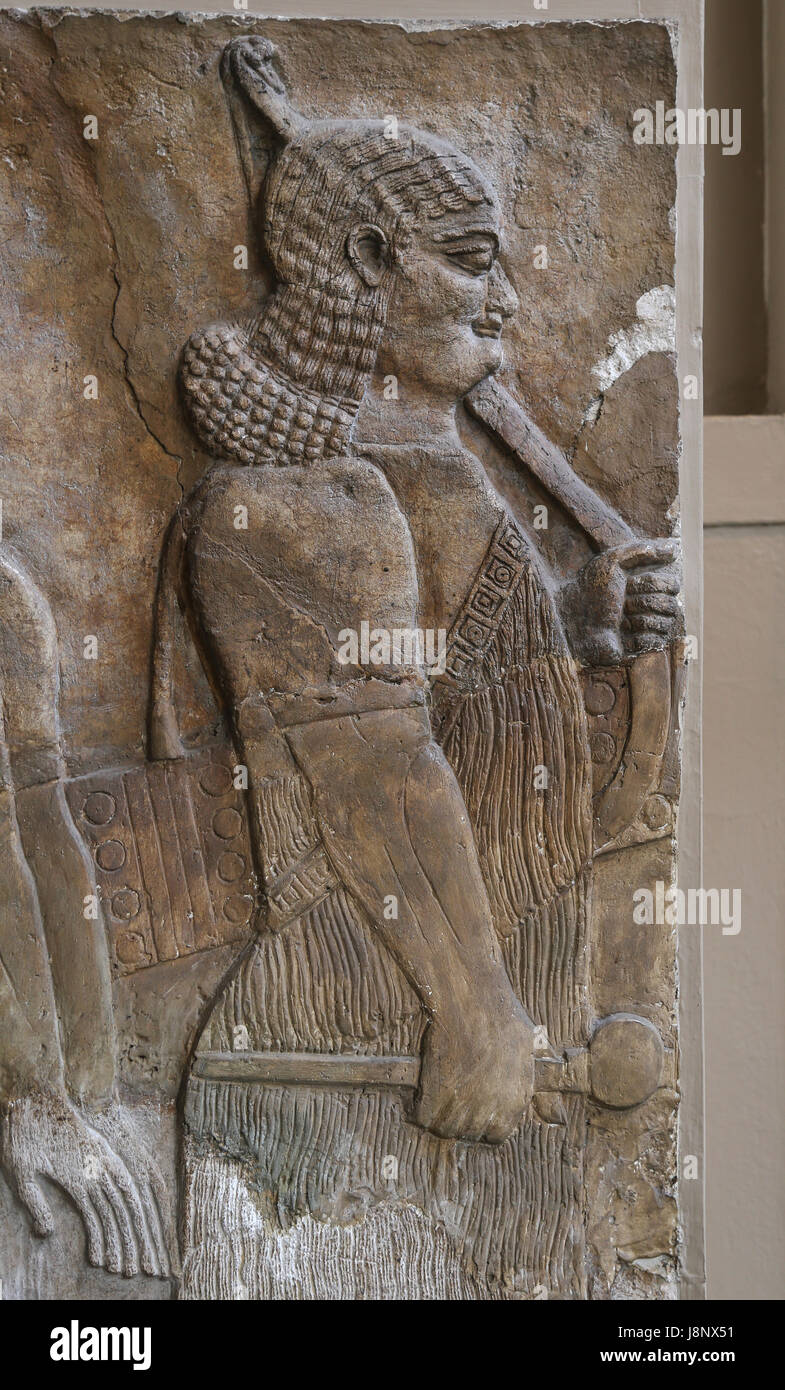 Chariots. Soldier. Detail. Assyrian, 728 BC. Nimrud, Central Palace. Iraq. Royal chariot. British Museum. London. Stock Photo