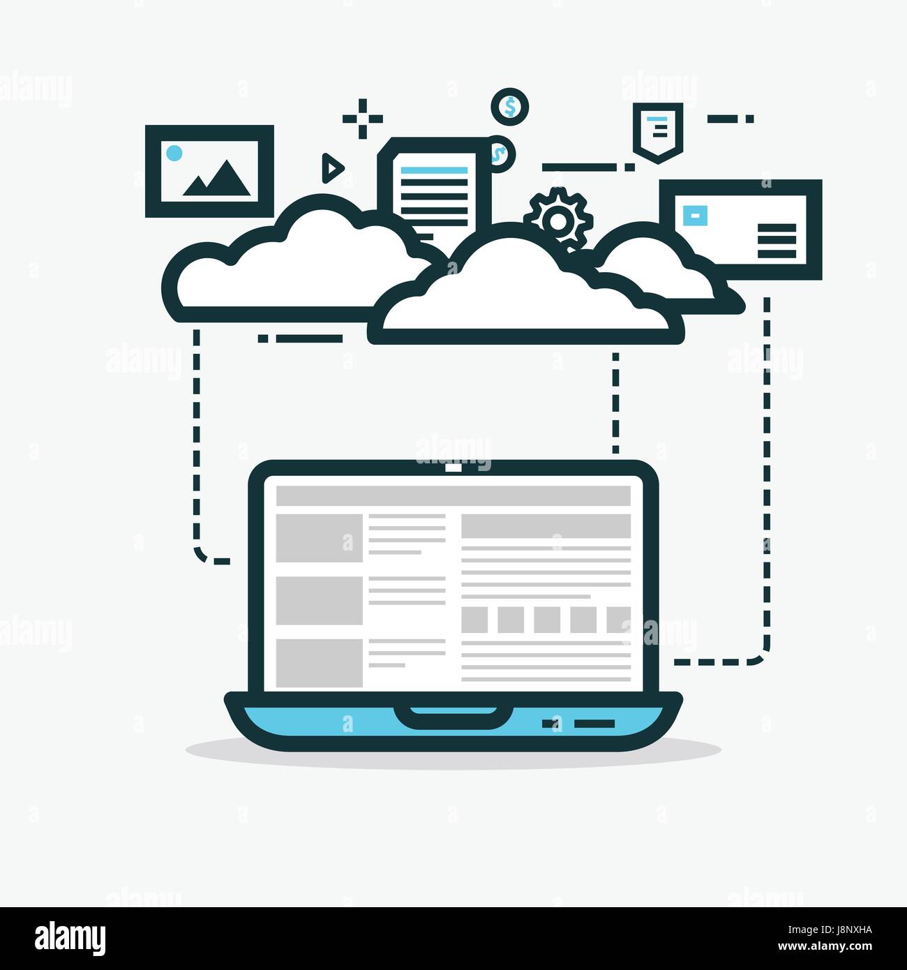 Cloud computing flat style line vector. Laptop with website and clouds. Media files, photos, gears and abstract dots. Abstract concept for web project Stock Vector