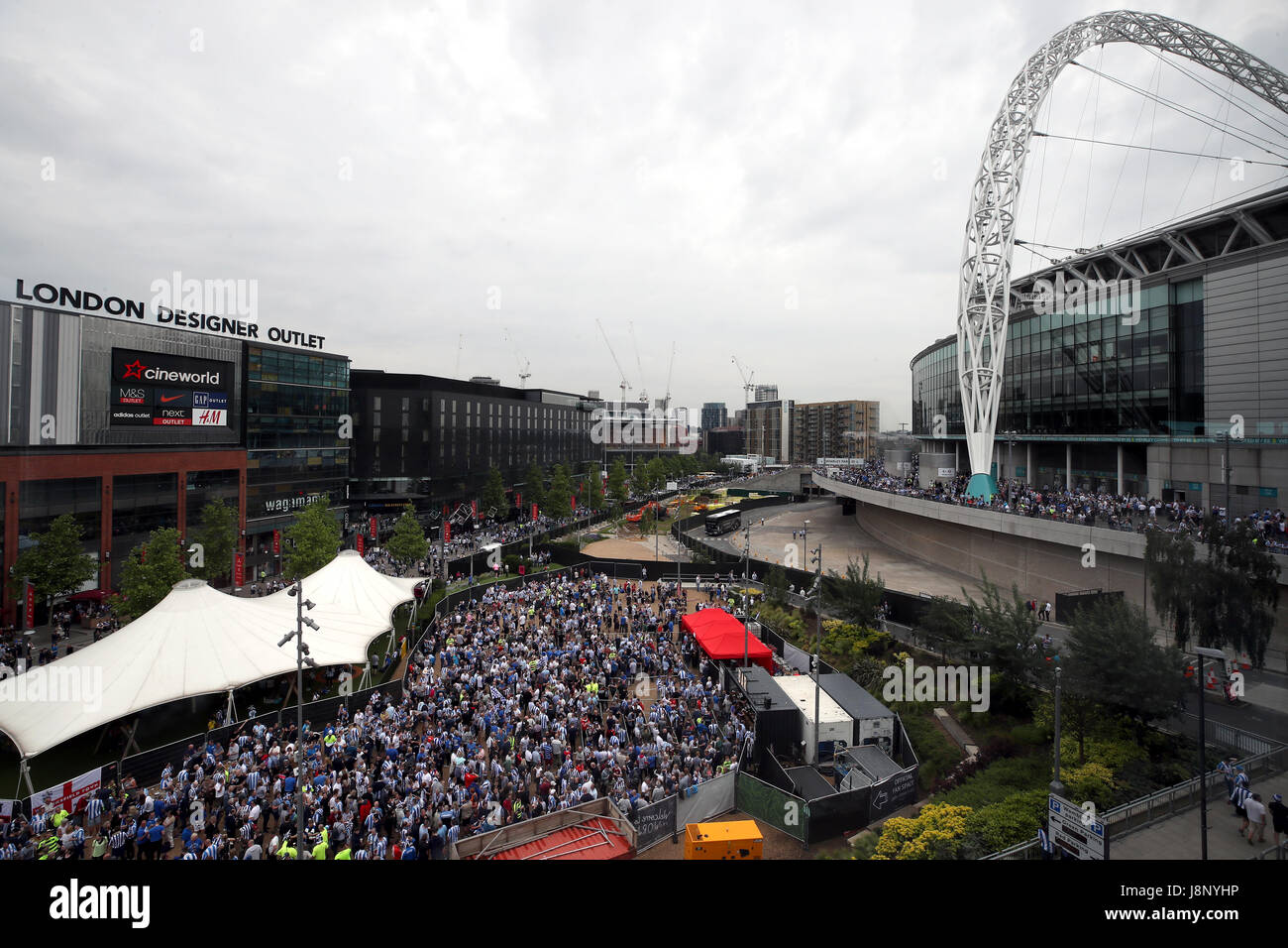 General view of fans in a fan zone outside the stadium ahead of the Sky