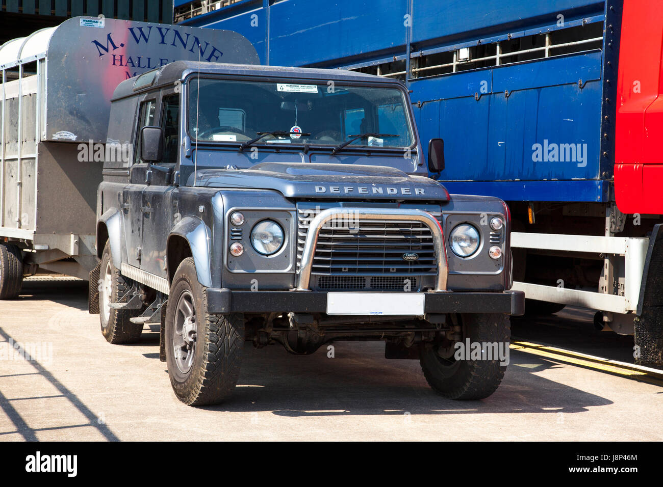 A Land Rover Defender at a livestock market in the UK. Stock Photo