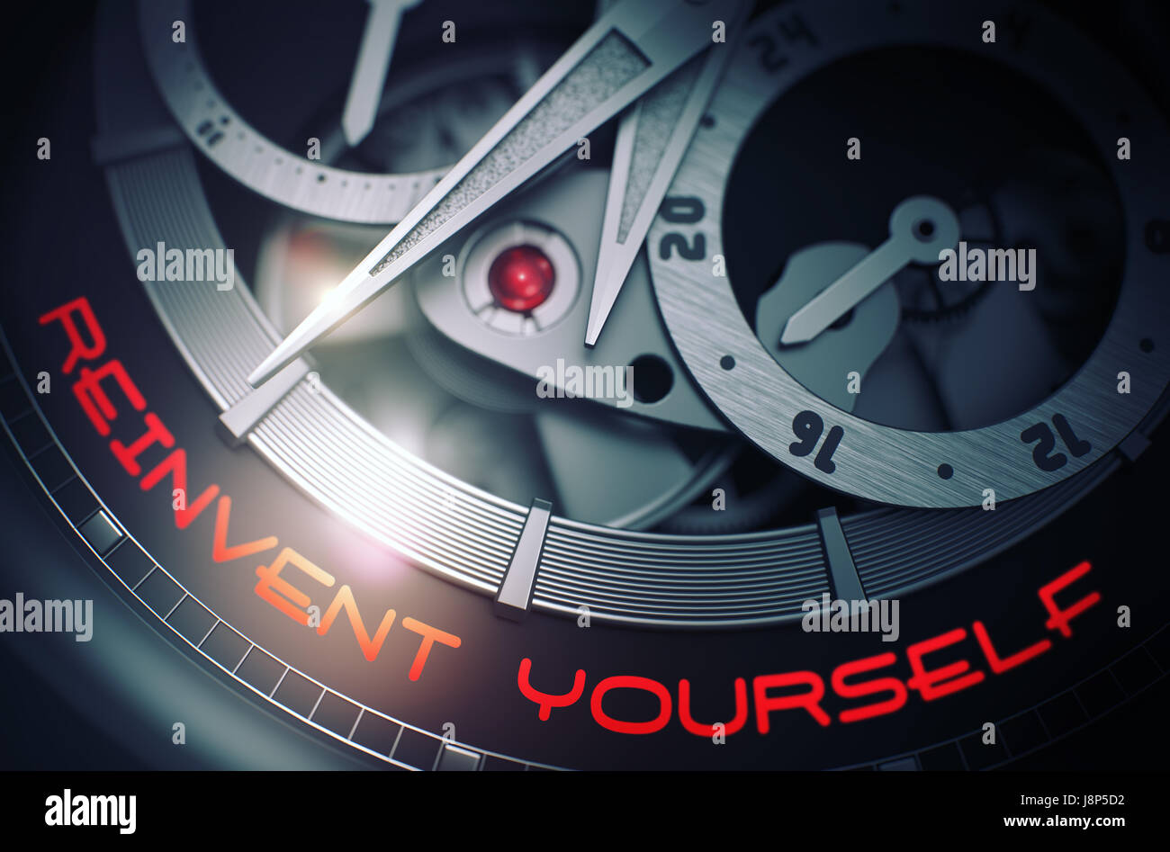 Reinvent Yourself on Luxury Wrist Watch Mechanism. 3D. Stock Photo