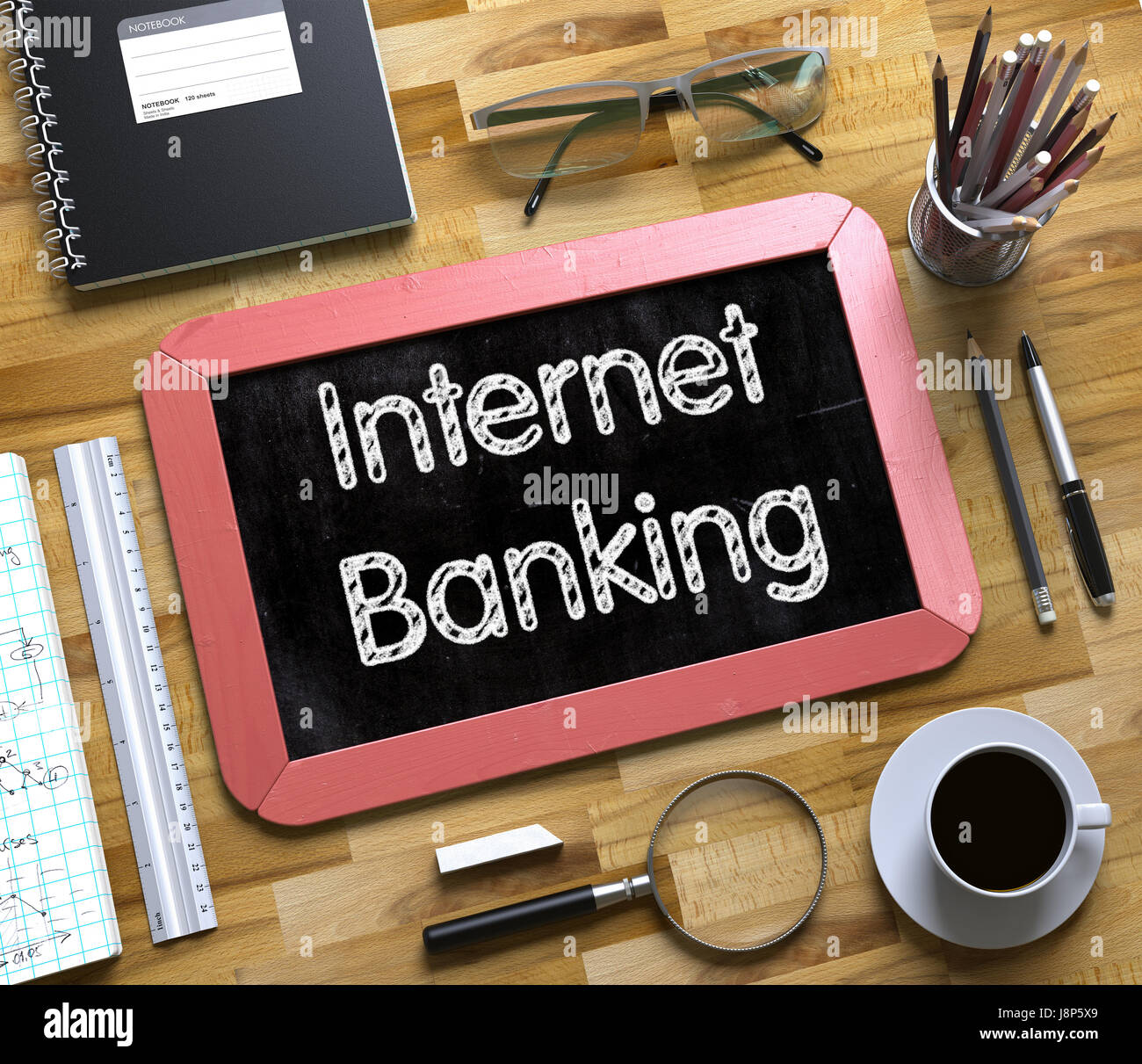 Internet Banking - Text on Small Chalkboard. 3D. Stock Photo