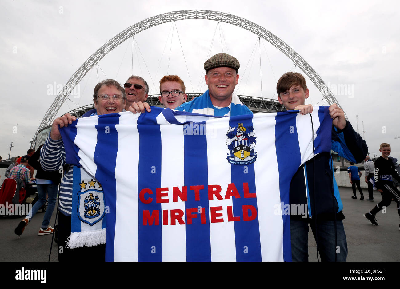 Huddersfield Town fans before the Sky Bet Championship play-off final at Wembley Stadium, London. PRESS ASSOCIATION Photo. Picture date: Monday May 29, 2017. See PA Story SOCCER Final. Photo credit should read: Nick Potts/PA Wire. RESTRICTIONS: No use with unauthorised audio, video, data, fixture lists, club/league logos or 'live' services. Online in-match use limited to 75 images, no video emulation. No use in betting, games or single club/league/player publications. Stock Photo