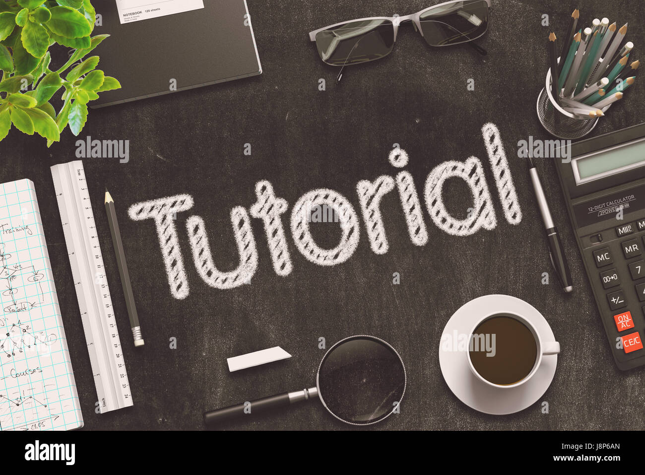 Tutorial Concept on Black Chalkboard. 3D Rendering. Stock Photo