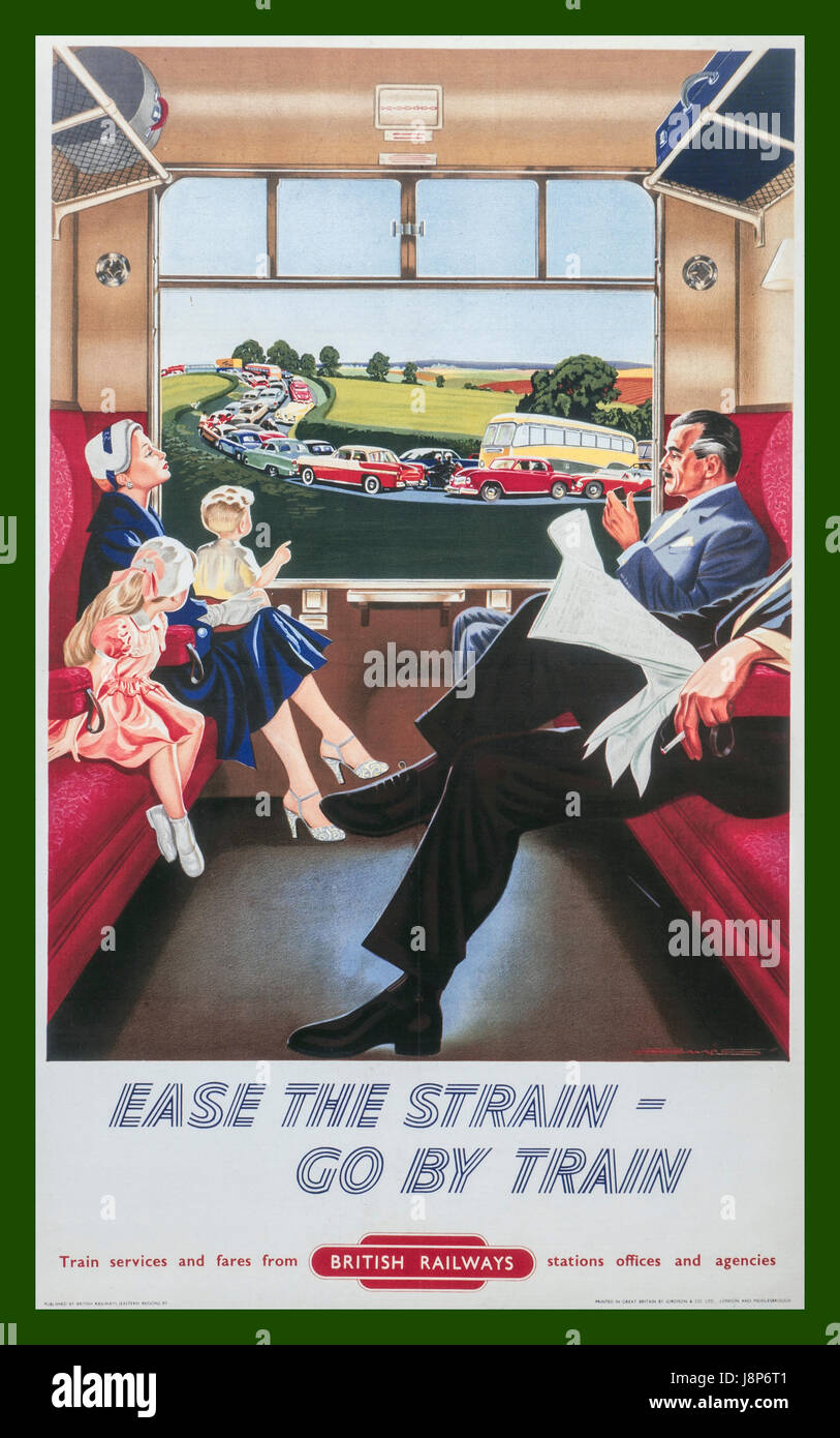 Vintage retro 1950's British Railways poster showing calm relaxed family train passengers with view through carriage window to traffic jam in background and the advertising line 'Ease The Strain Go By Train' Stock Photo