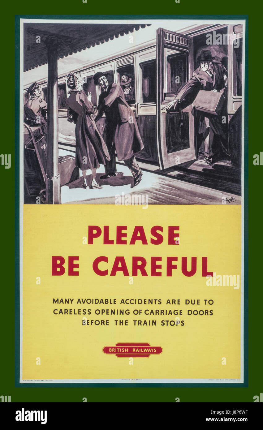 Vintage 1950's British Rail Poster 'Please be careful' A caution when opening train carriage door Stock Photo