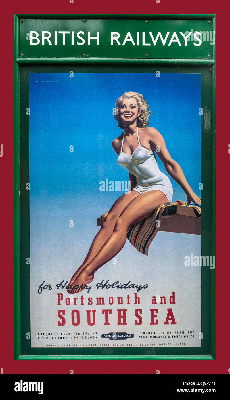 Vintage retro 1950's British Railways holiday poster with girl in swimsuit promoting 'happy holidays' in Portsmouth and Southsea UK Stock Photo
