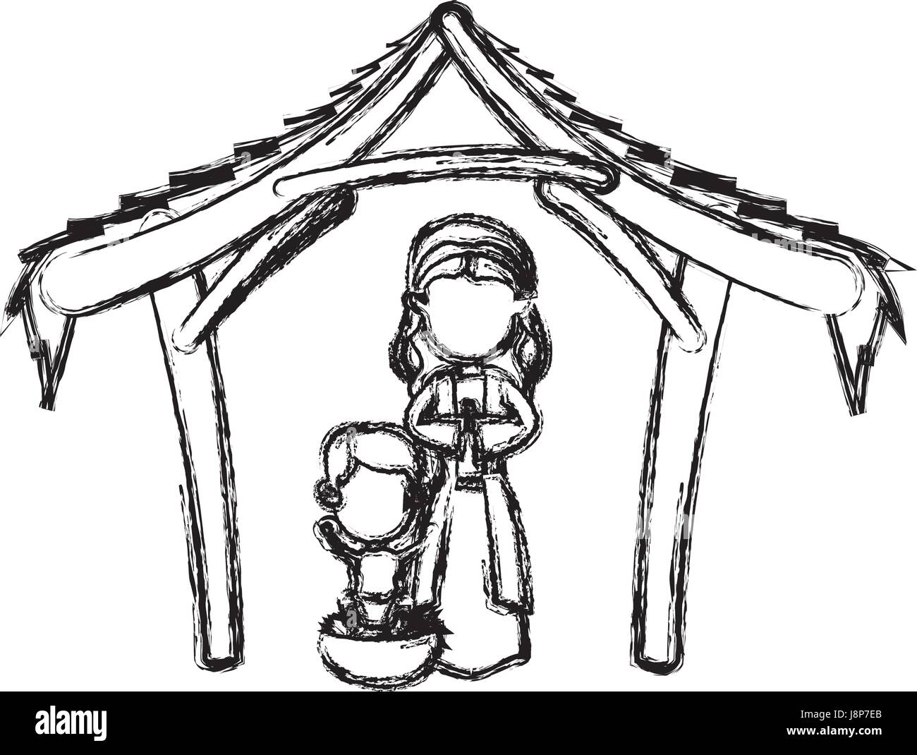 manger virgin mary and baby jesus in hut image Stock Vector