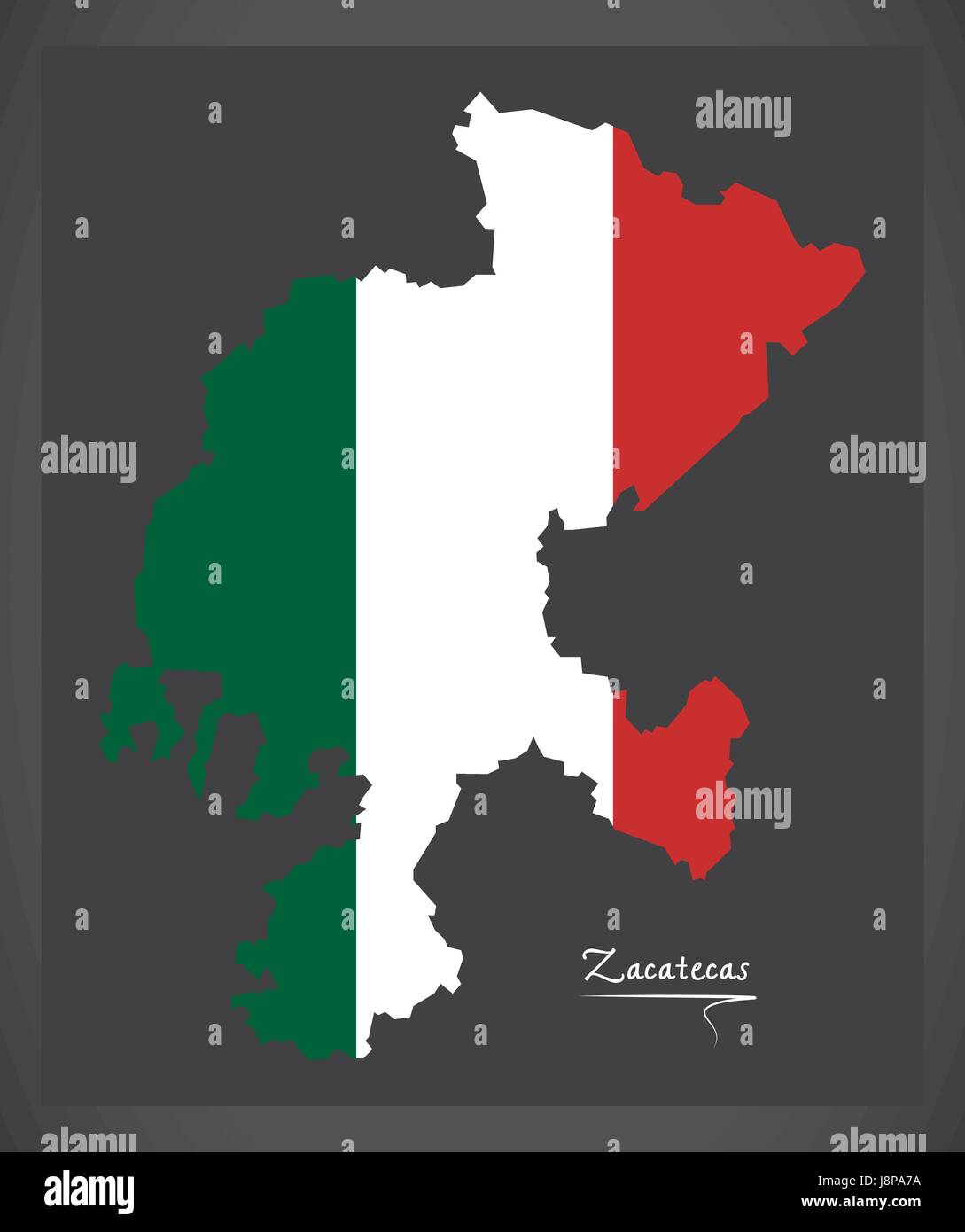 Zacatecas map with Mexican national flag illustration Stock Vector
