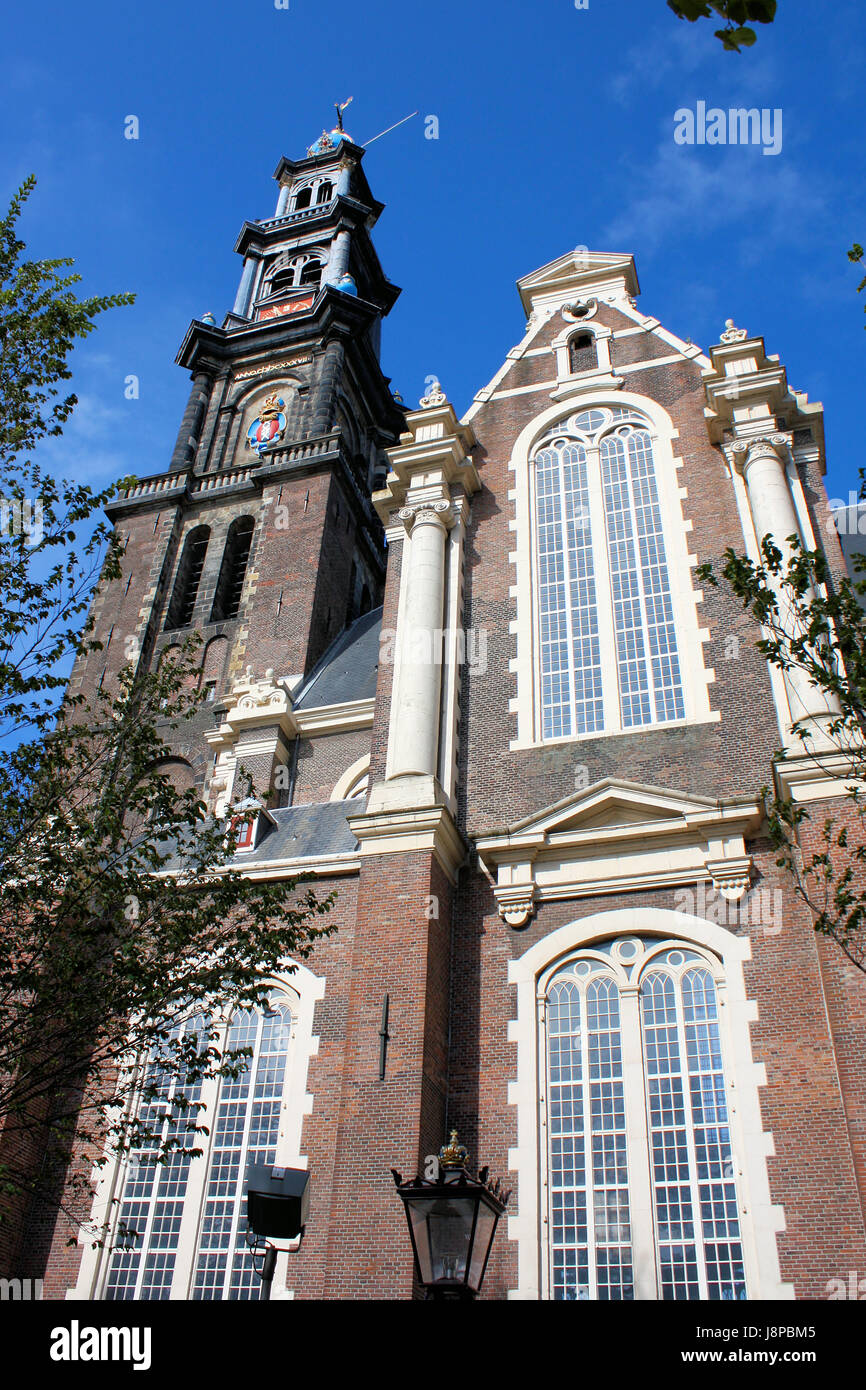 historical, church, holland, steeple, amsterdam, belfry, renaissance, blue, Stock Photo