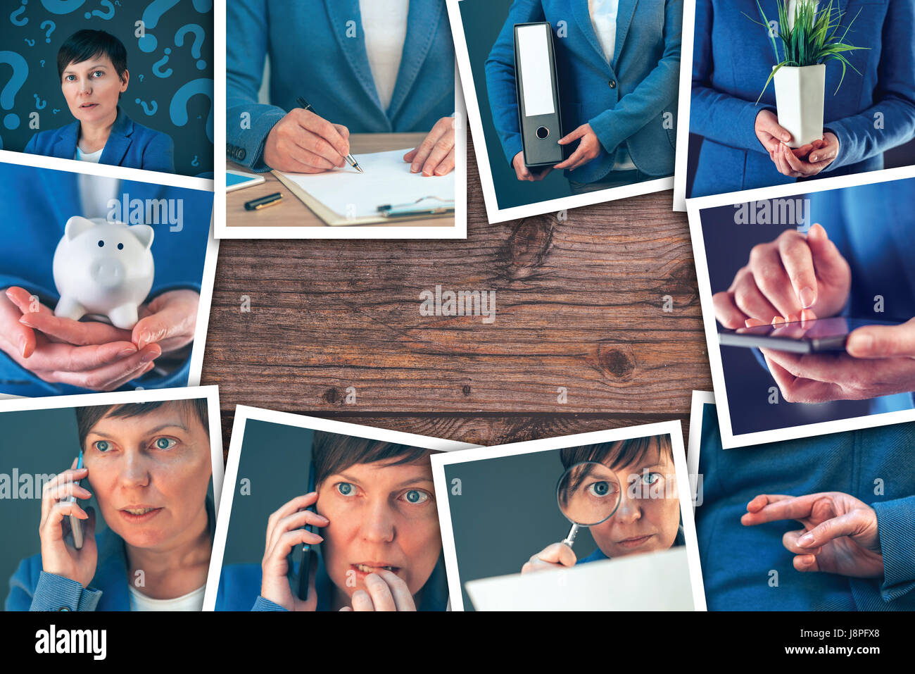 Woman in business and entrepreneurship photo collage over wooden office desk background Stock Photo