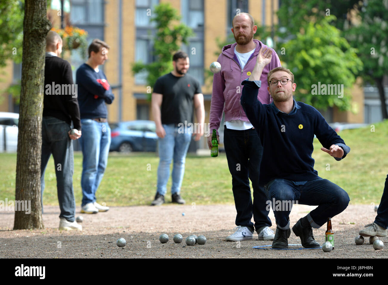 Boules in London. People playing boules in Vauxhall Park, London. Stock Photo