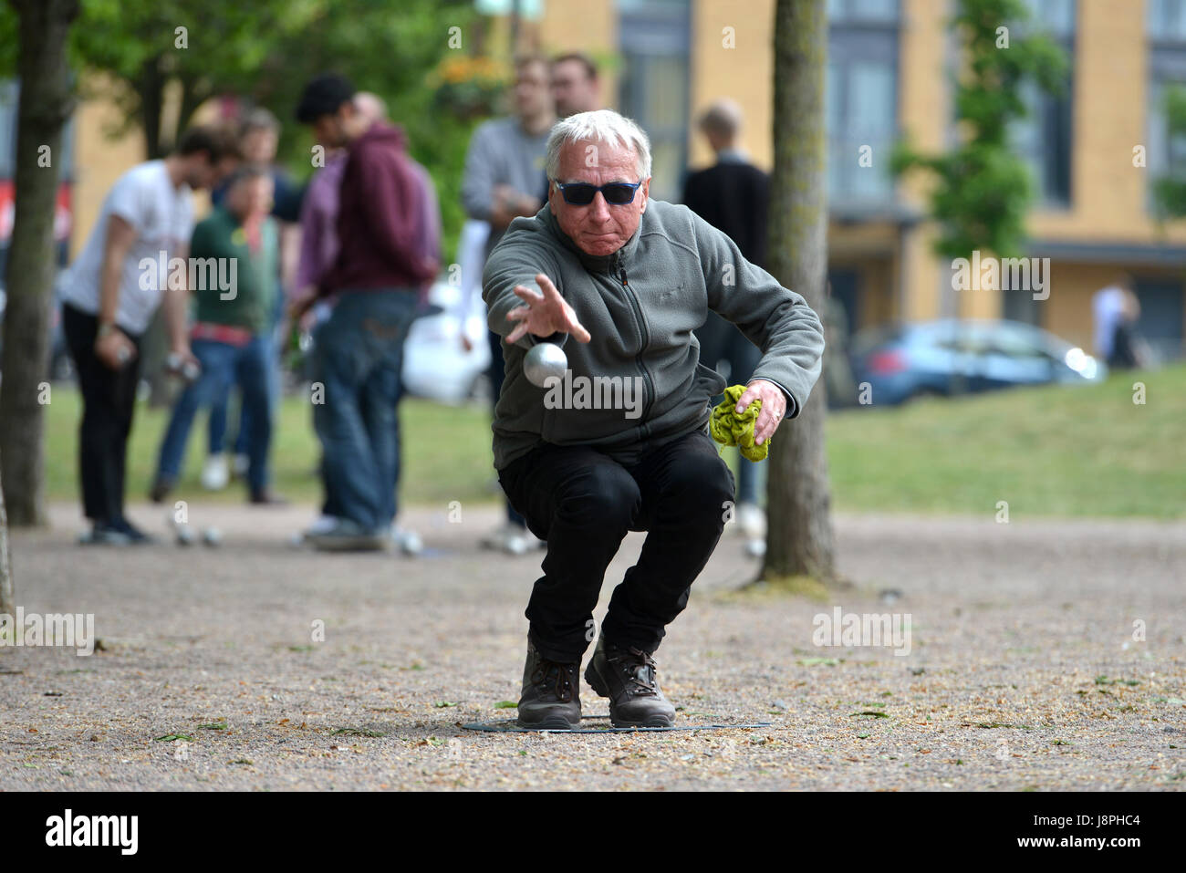 Boules in London. People playing boules in Vauxhall Park, London. Stock Photo