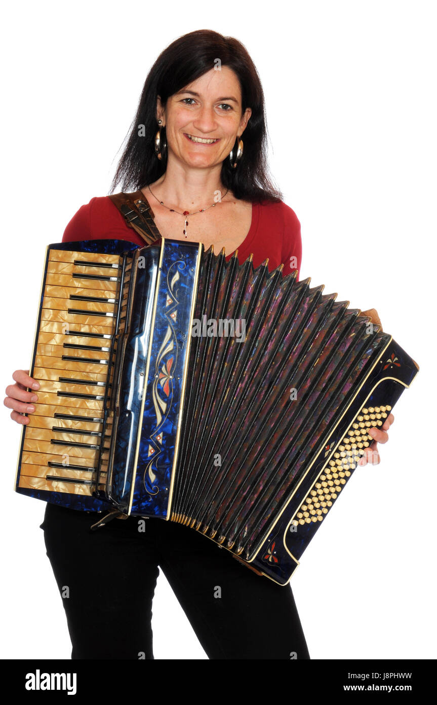 woman, make, music, accordion, gamer, perform, woman, make, blue, keyboard, Stock Photo