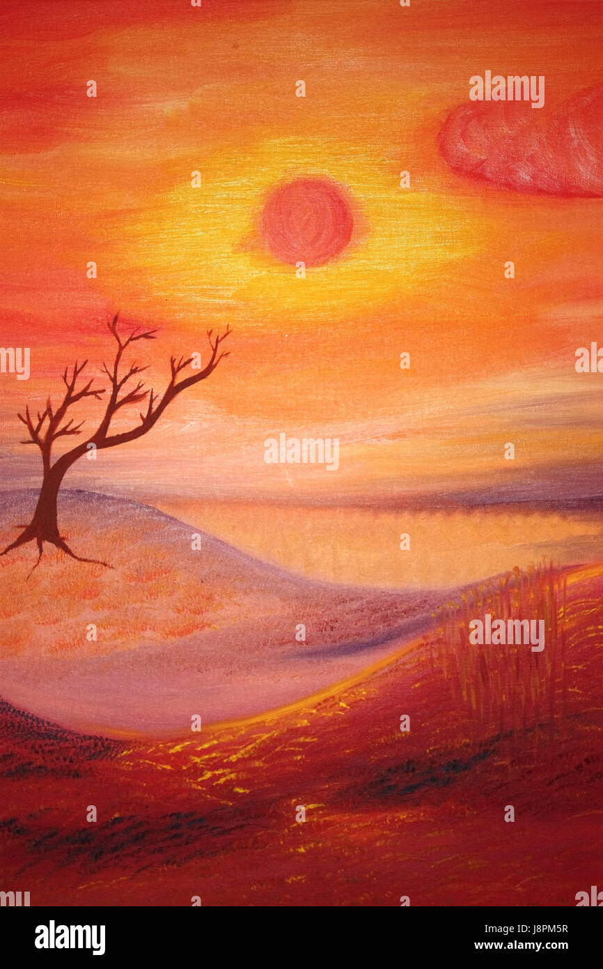 orange, art, tree, painting, scenery, countryside, nature, paintings