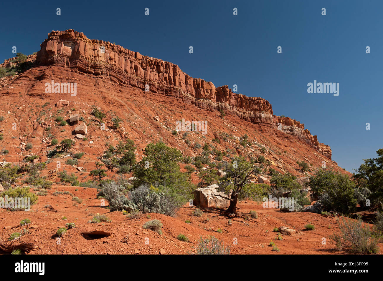 One of the numerous ridges -- actually, it's the edge of a tilted mesa -- at the west edge of Capitol Reef National Park Stock Photo