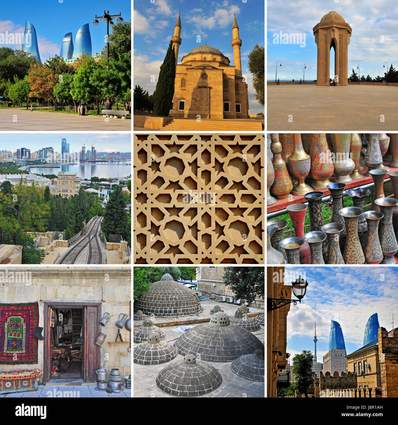 Baku city travel collage. Selection of cultural landmarks and sights of the capital of Azerbaijan Stock Photo