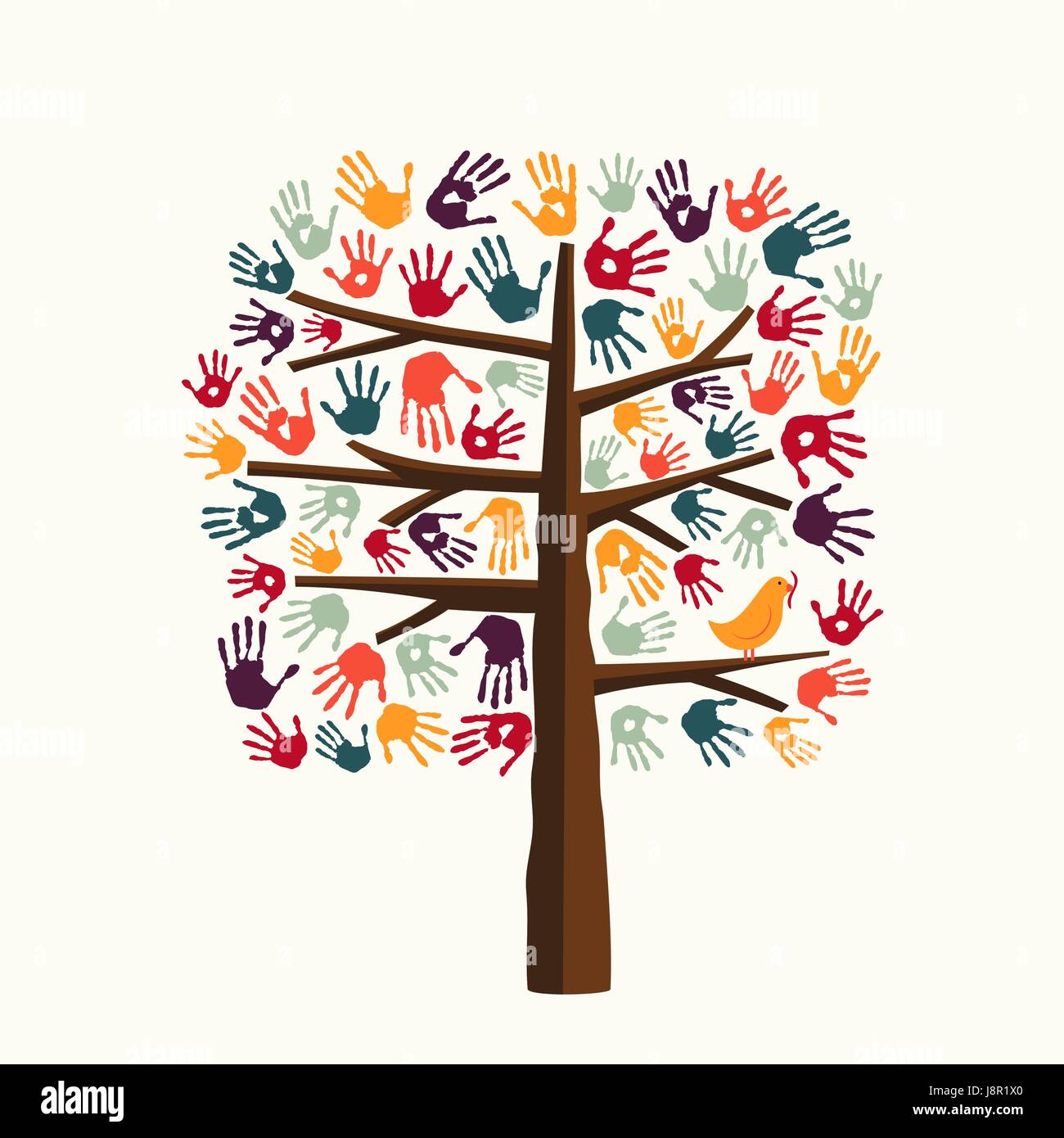 Tree made of diverse color hand prints with bird. Community help concept illustration. EPS10 vector. Stock Vector