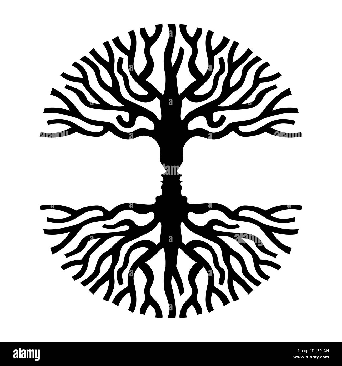 Tree branches shape with opposite human faces silhouette. Concept optic art symbol for psychology, environment, therapy, social development or human s Stock Vector