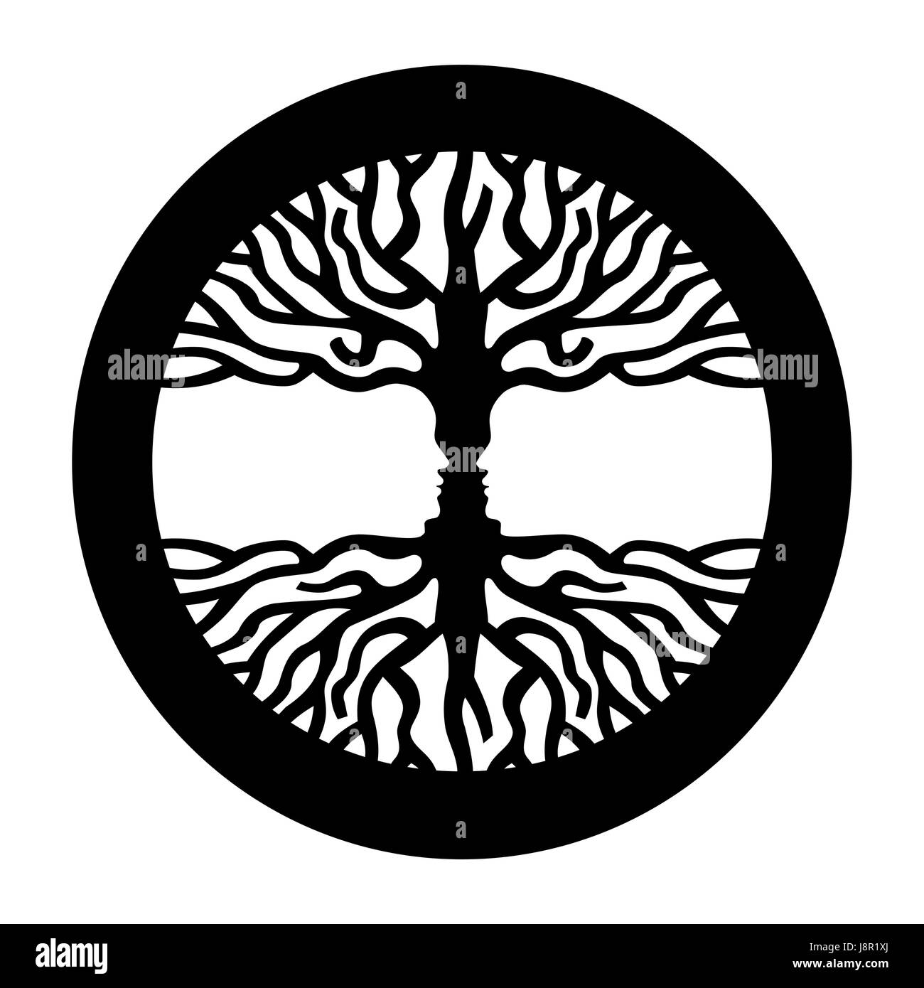 Visual illusion symbol with tree branches and opposite people faces. Concept illustration for psychology, environment, therapy, social development or  Stock Vector