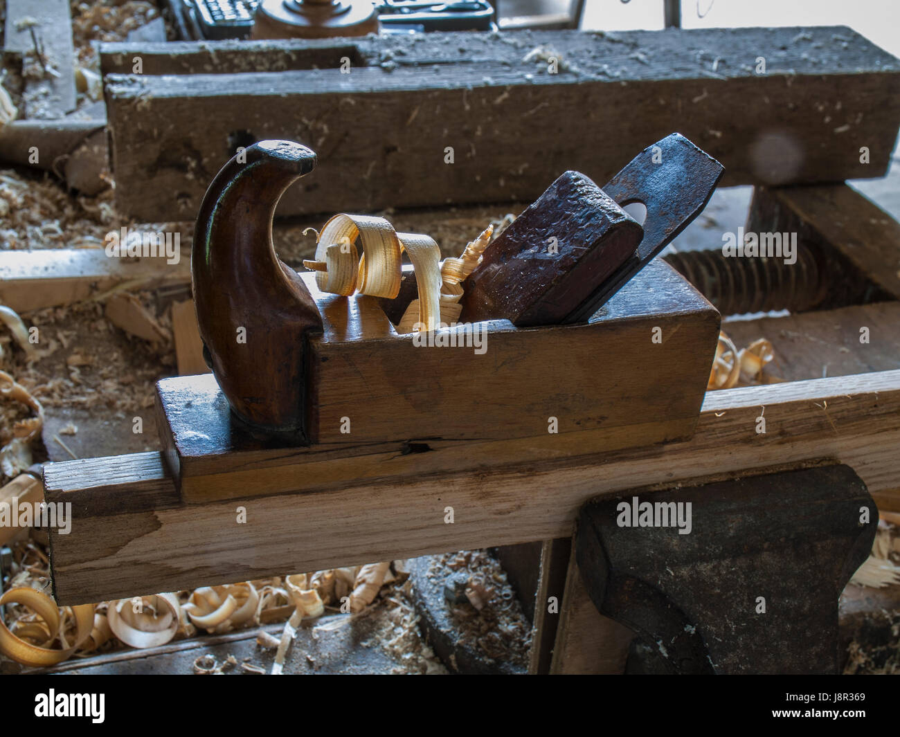 Carpenter's shop with a vice on a workpiese. Stock Photo
