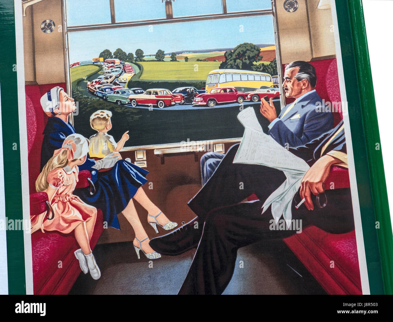 Vintage retro 1950's British Railways poster close up showing calm relaxed train passengers with traffic jam through carriage window and the strap line 'Ease The Strain Go By Train' Stock Photo