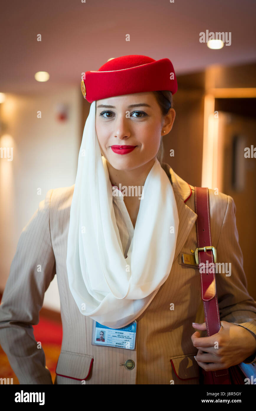Young Attractive Emirates Cabin Crew And Flight Attendant At London Heathrow Airport Awaiting Emirates Airline A380 Flight To Dubai Stock Photo Alamy