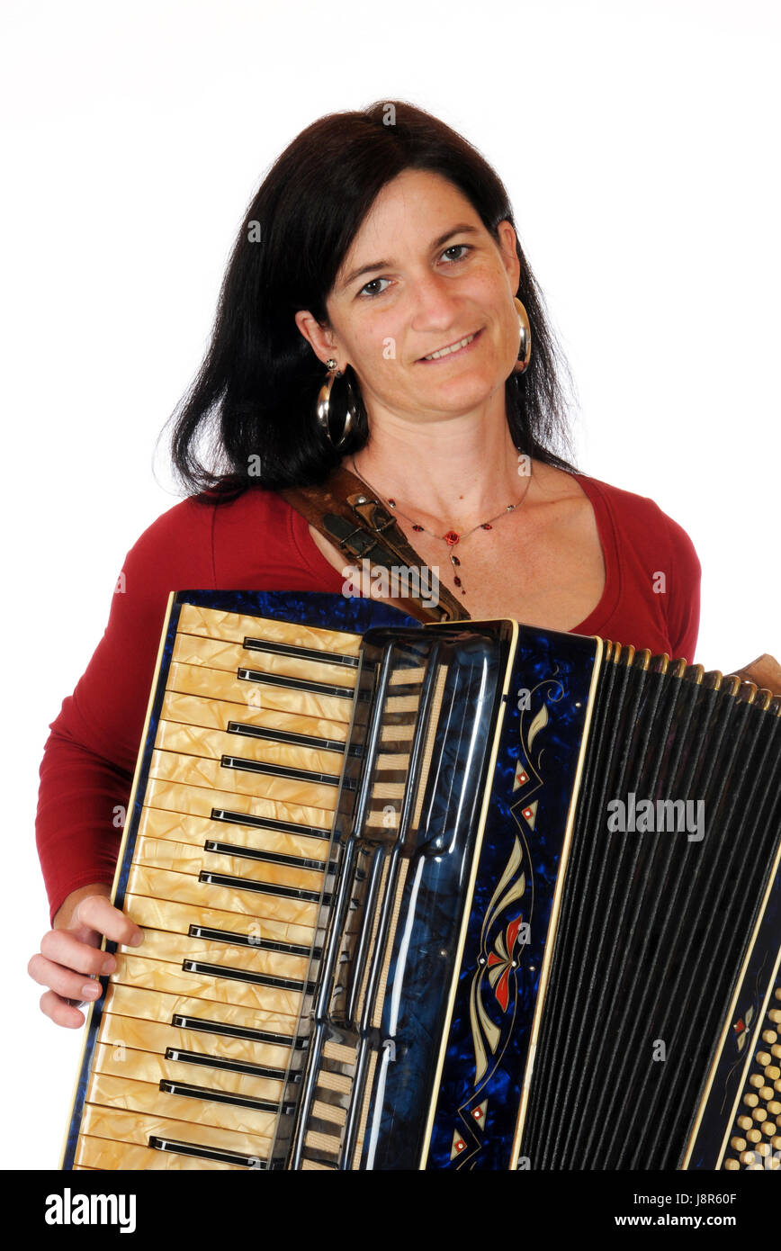 woman, music, accordion, measure, instrument, method, woman, make, blue, Stock Photo