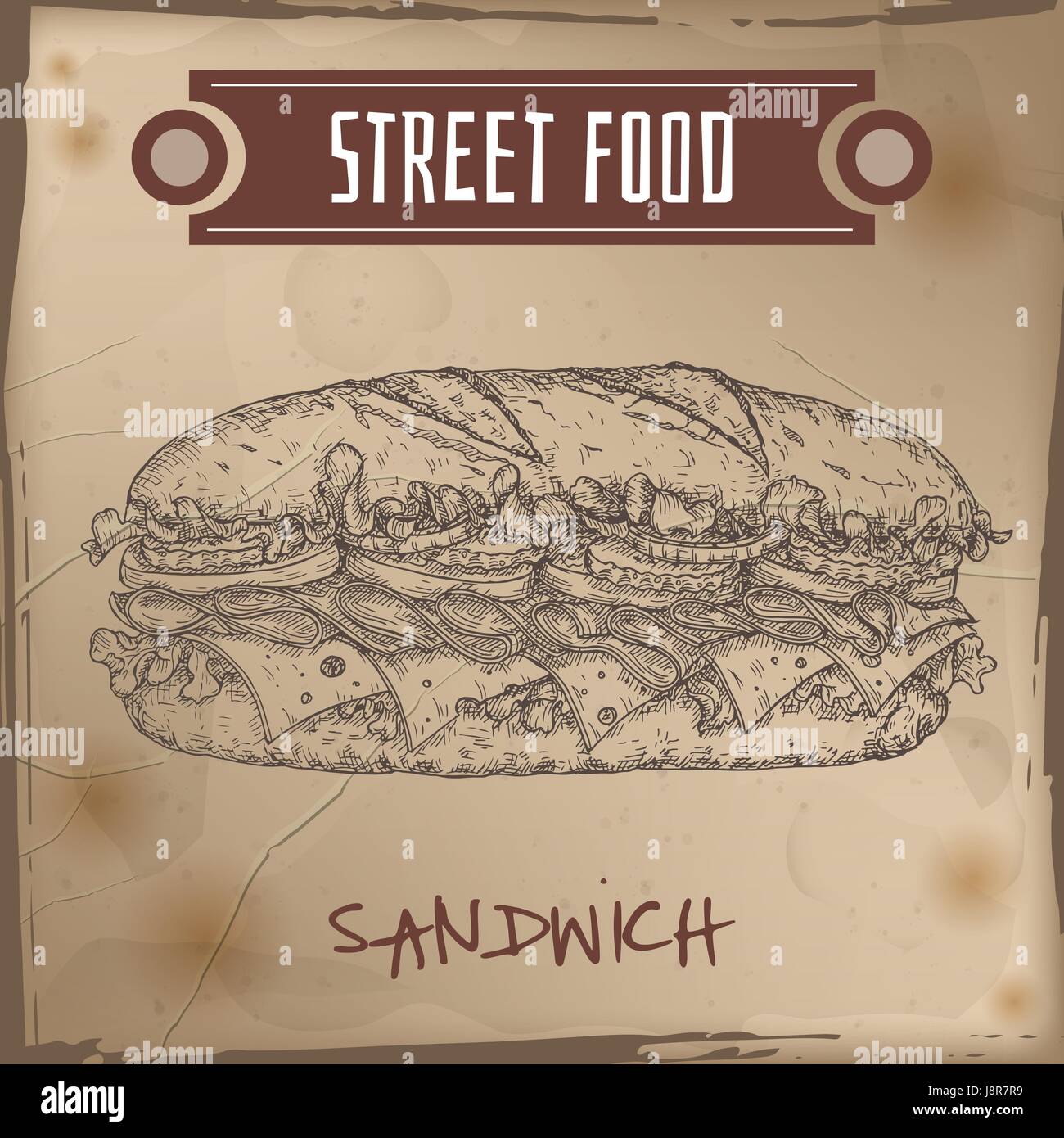 Sandwich sketch on grunge background. Stock Vector
