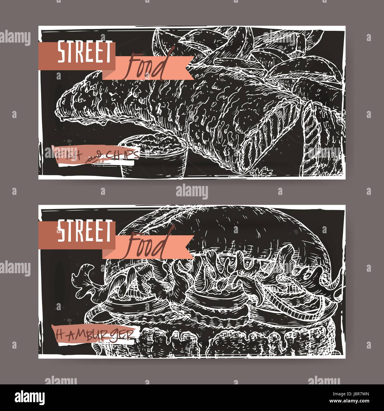 Set of two landscape banners with fish, chips and hamburger on black Stock Vector