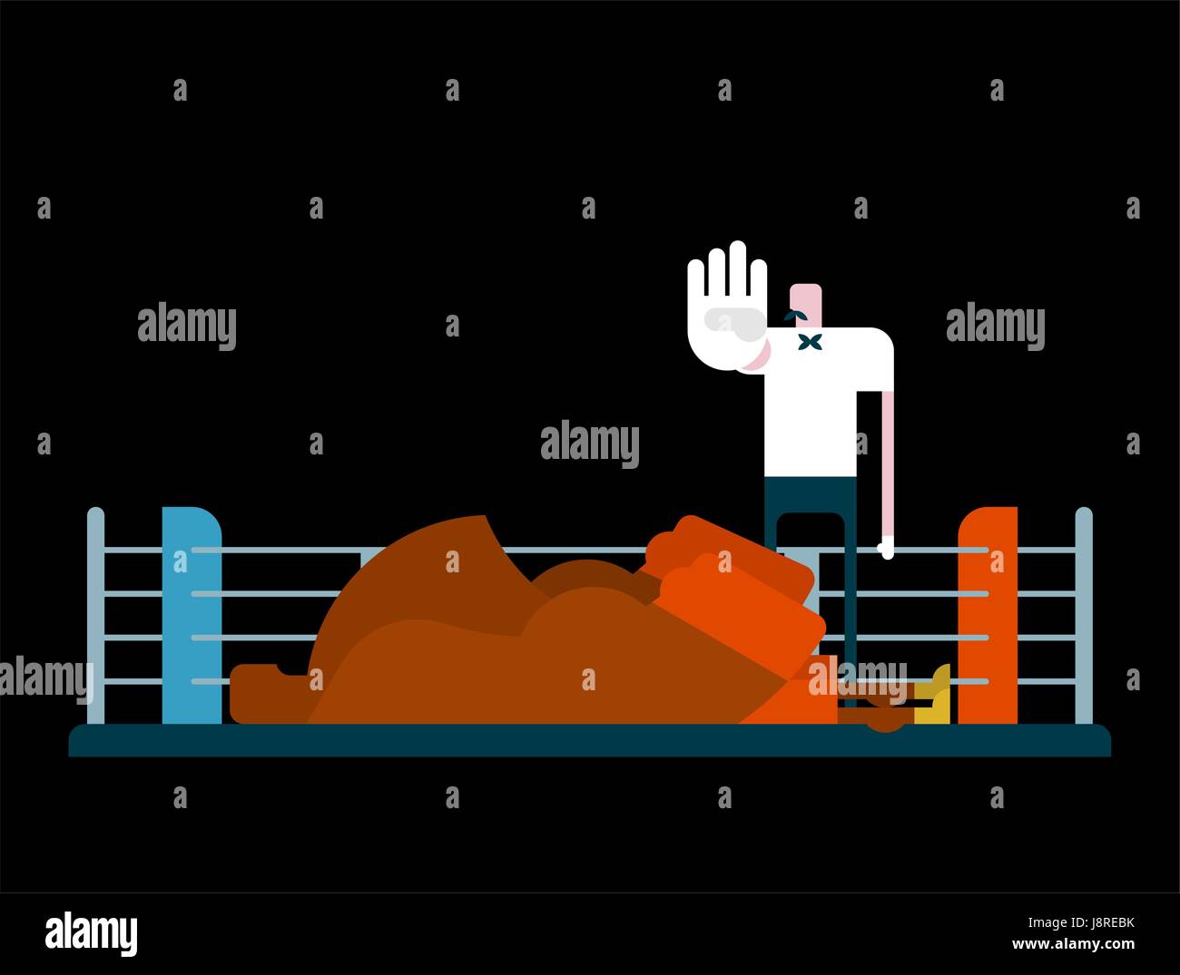 Knockout in ring. Referee and boxer. arbiter is counting Stock Vector