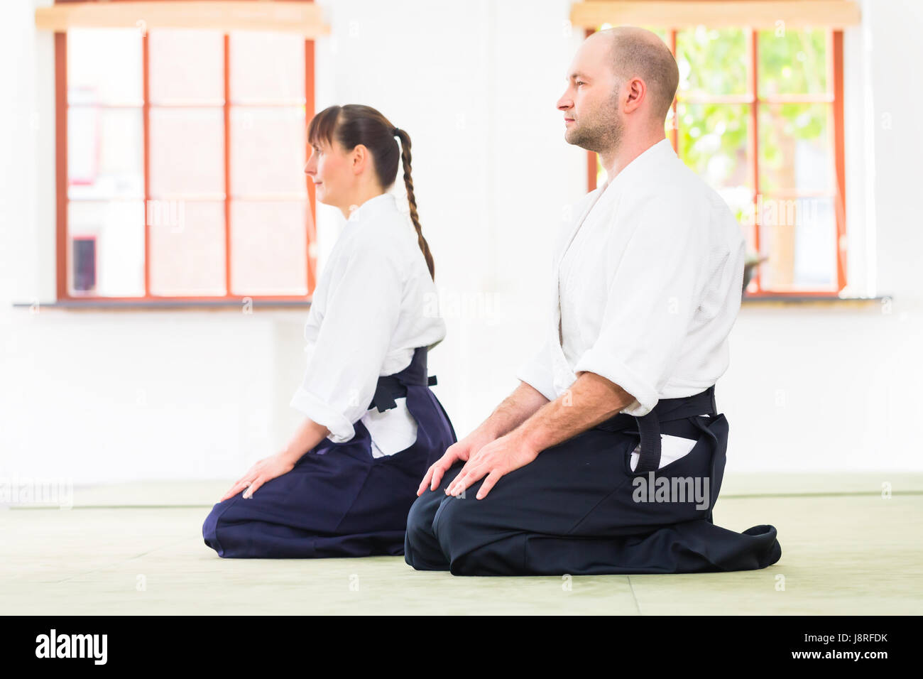 Teacher and student at Aikido martial arts school Stock Photo