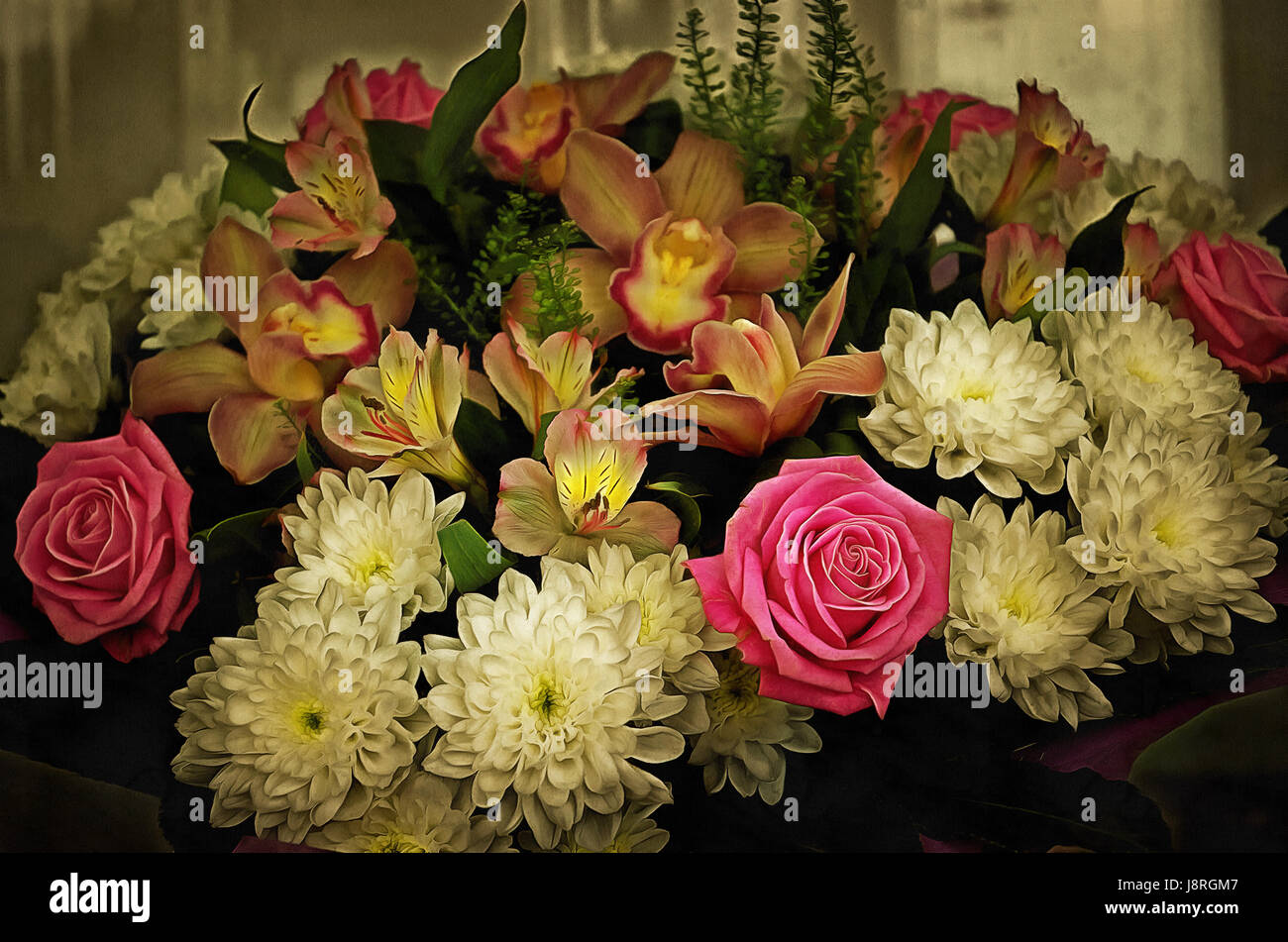 Illustrations flowers bouquet, painting, pink roses, painting roses,Rose, (Latin Rosa), Chrysanthemum, orchids Stock Photo