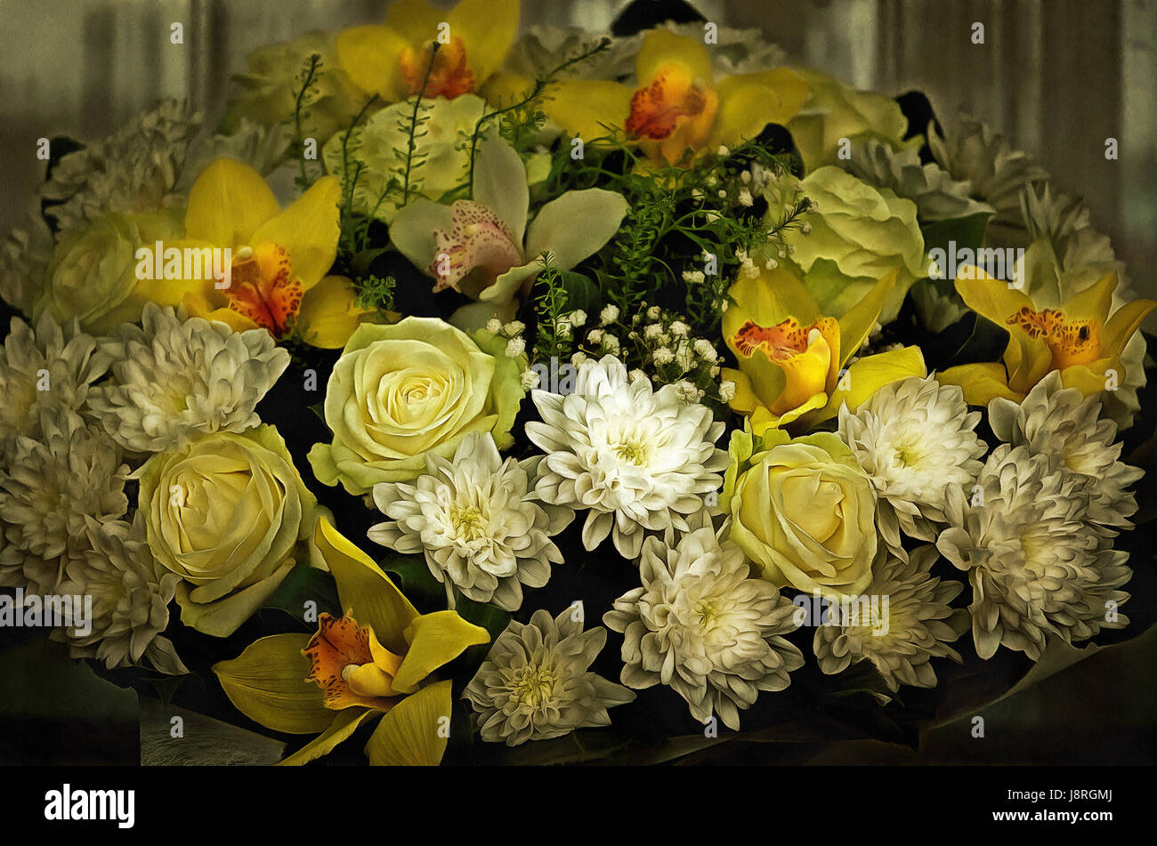 Illustrations flowers bouquet, painting, yellow roses, Rose, (Latin Rosa), Chrysanthemum, orchids Stock Photo