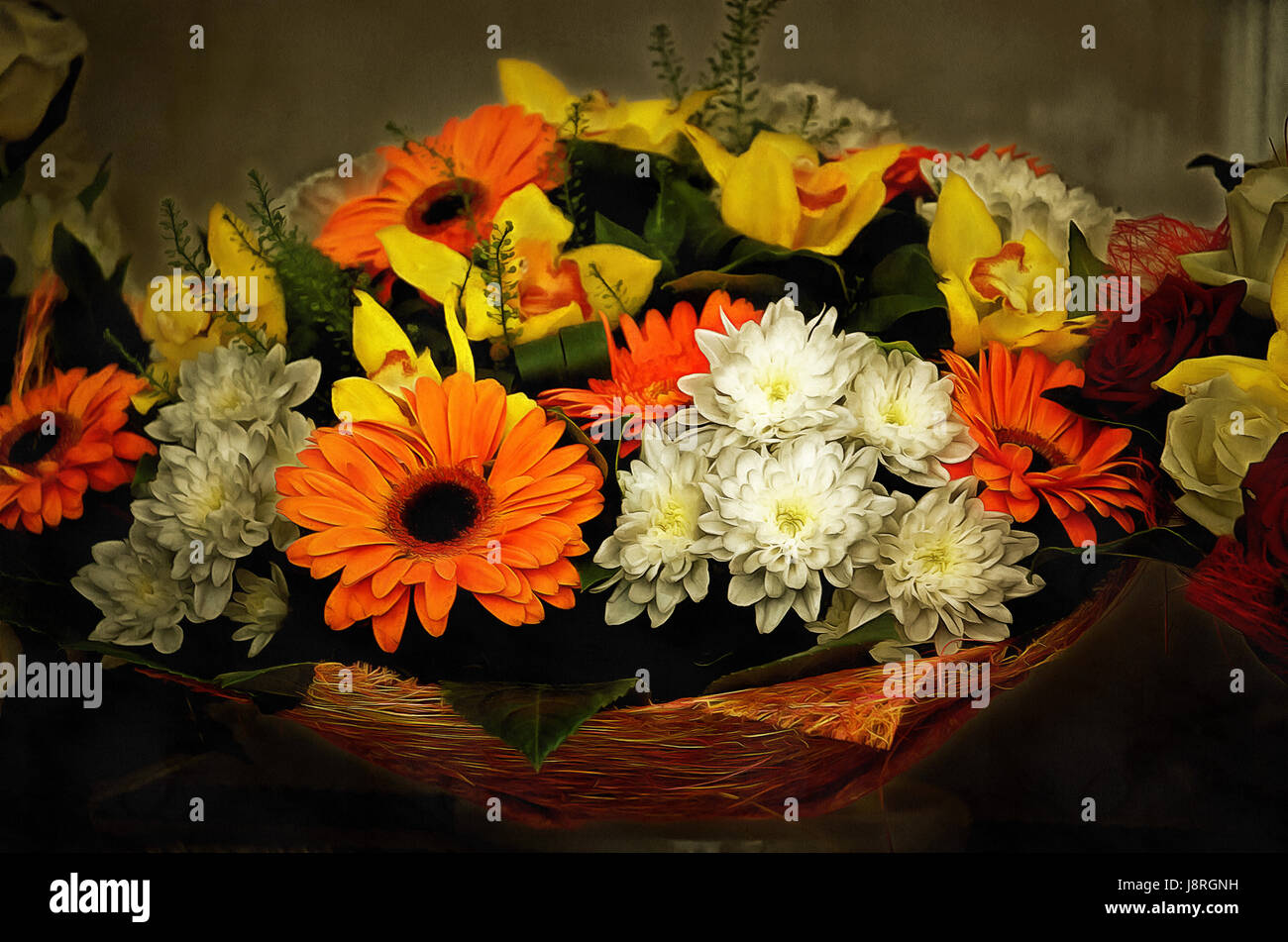 Illustrations flowers bouquet,  painting Gerbera (Latin Gerbera), Chrysanthemum Stock Photo