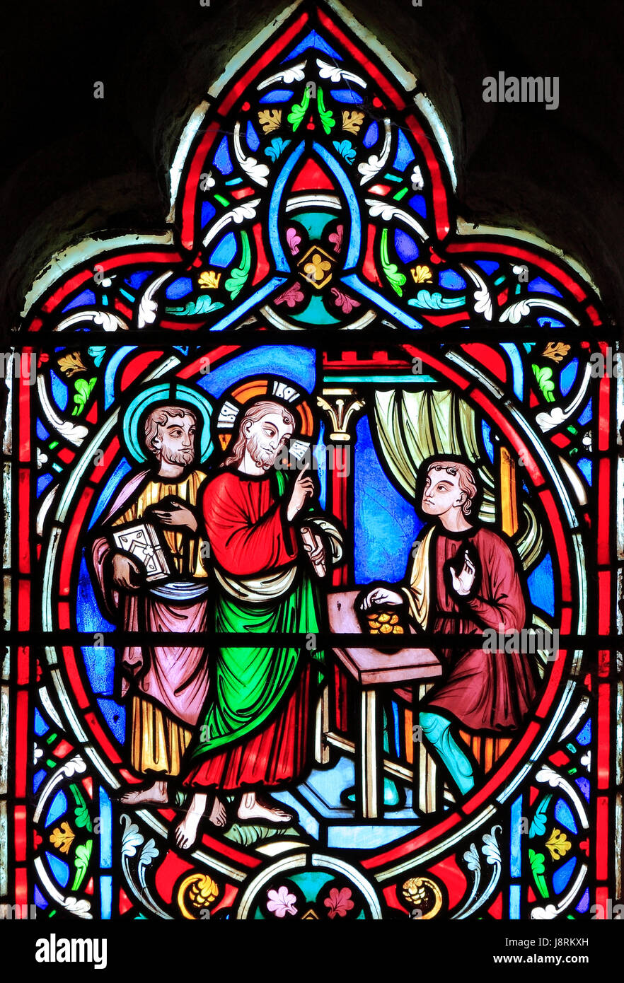 Scene from Life of Jesus, by Adolph Didron, Paris, 1860, stained glass window, Feltwell, Norfolk, England, Jesus calling Matthew, Tax Collector, Stock Photo
