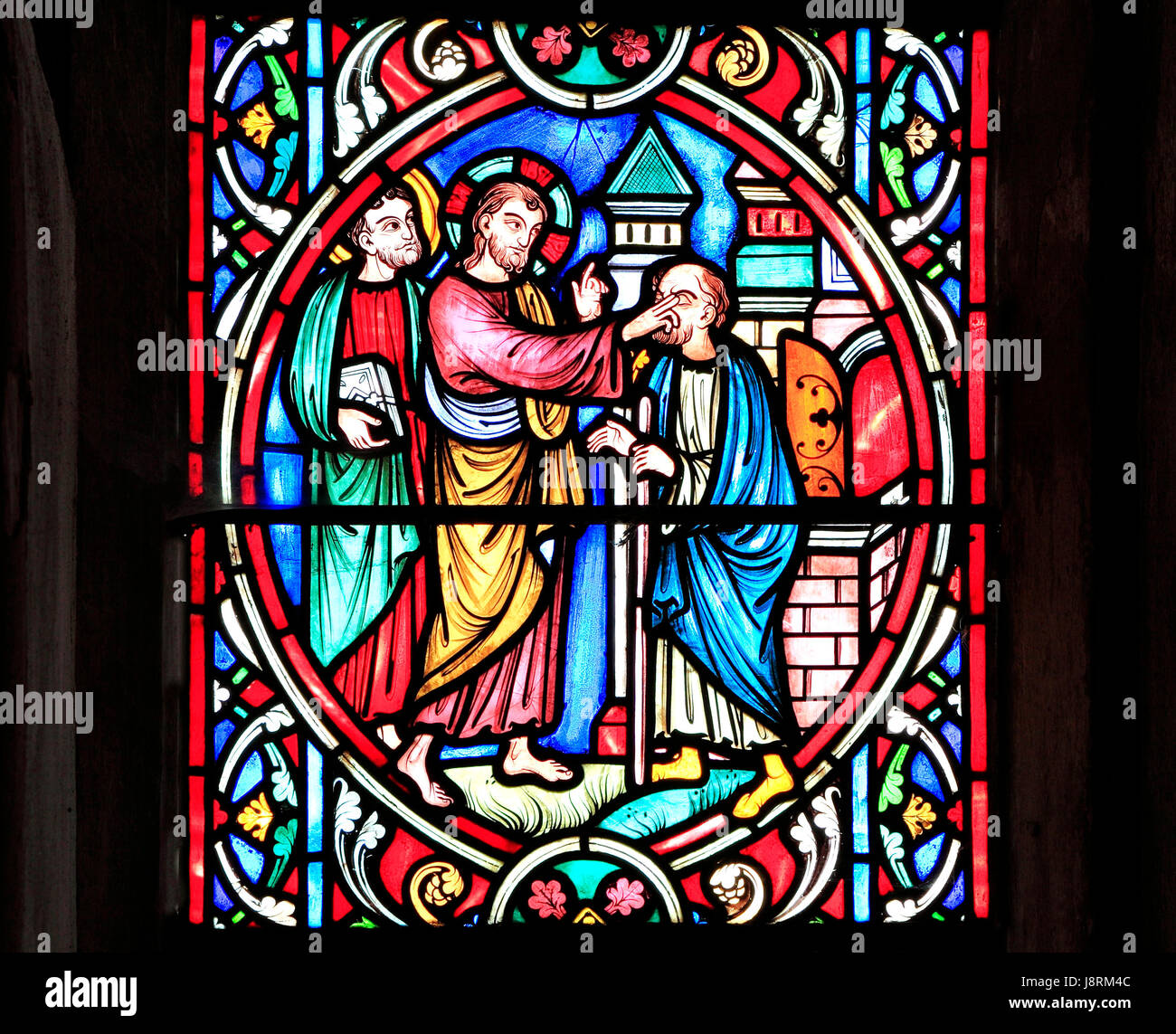 Scene from Life of Jesus, by Adolph Didron, Paris, 1860, stained glass window, Feltwell, Norfolk, England, Jesus restores sight to blind man, healing Stock Photo