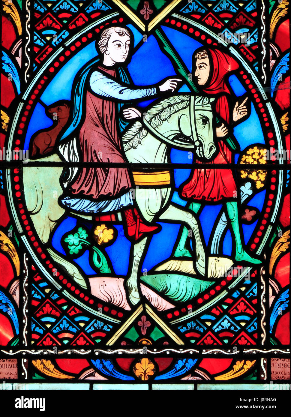 Parable of The Prodigal Son, by Didron of Paris, 1859.  Stained glass window, Feltwell Church, Norfolk, Prodigal Son rides to distant land Stock Photo
