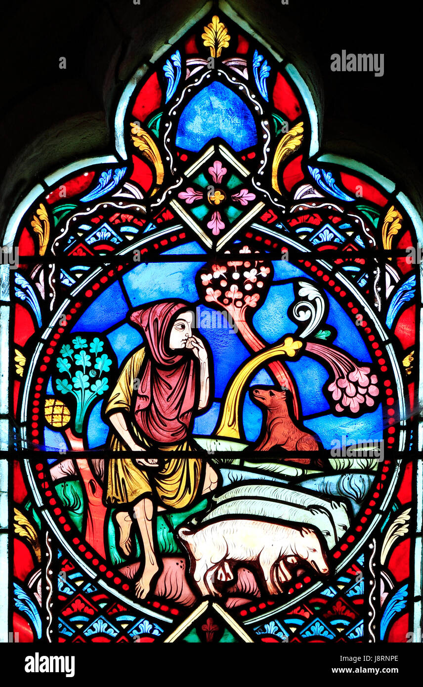 Parable of The Prodigal Son, by Didron of Paris, 1859.  Stained glass window, Feltwell Church, Norfolk, England, UK, The Prodigal Son set to work Stock Photo