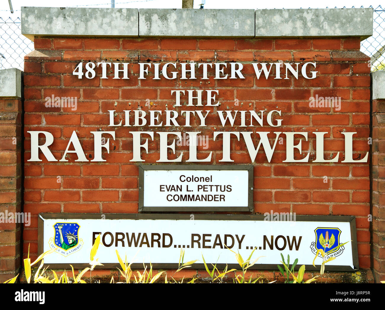 RAF Feltwell, Norfolk, sign, US airbase, American airbases, The Liberty Wing, 48th Fighter Wing, England, UK Stock Photo