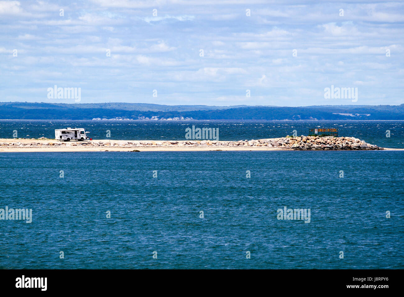 Motorhome on a spit of land near Orient Point, Long Island, New York