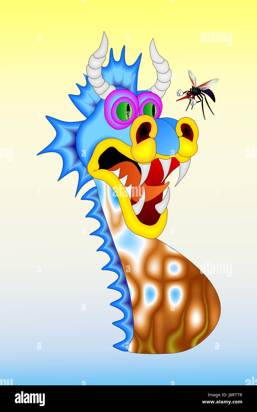 witty, panic, dragon, mythology, mosquito, blue, comic, insect, teeth, Stock Photo