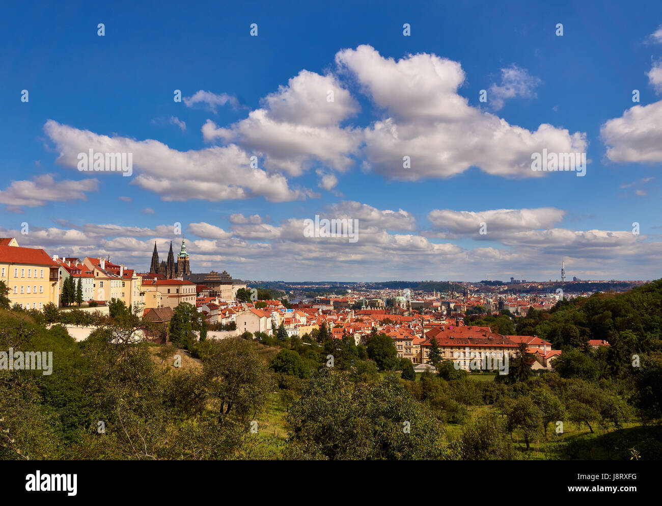 View of the Prague castle from Petrin park Stock Photo